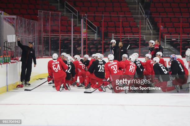 Hurricanes Prospects listen to Head Coach Rod Brind'Amour during the Carolina Hurricanes Development Camp on June 27, 2018 at PNC Arena in Raleigh,...