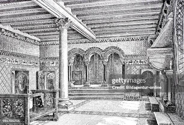 The Landgraf room on the Wartburg in Thuringia, Germany,, digital improved reproduction of a woodcut publication in the year 1885.