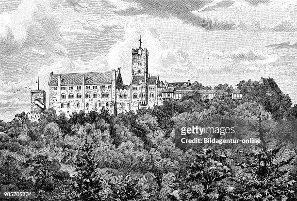 The Wartburg in Eisenach, Thuringia, Germany,, digital improved reproduction of a woodcut publication in the year 1885.