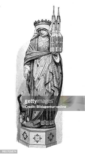 Wooden statue of St. Elisabeth in the cathedral of Marburg, Germany, digital improved reproduction of a woodcut publication in the year 1885.