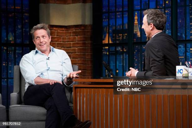 Episode 704 -- Pictured: Actor Hugh Grant during an interview with host Seth Meyers on June 27, 2018 --