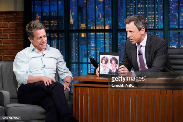 Episode 704 -- Pictured: Actor Hugh Grant during an interview with host Seth Meyers on June 27, 2018 --