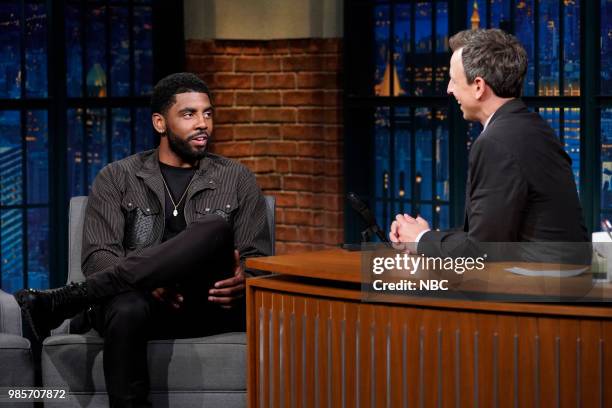 Episode 704 -- Pictured: Professional basketball player, Kyrie Irving, during an interview with host Seth Meyers on June 27, 2018 --