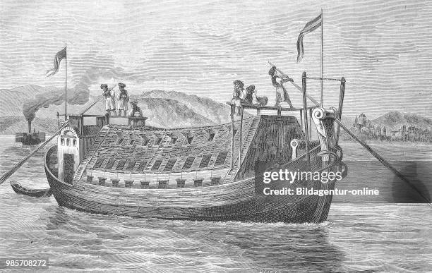 Hungarian grain ship on the Danube, Hungary, Reproduction of an original woodcut from the year 1882, digital improved.