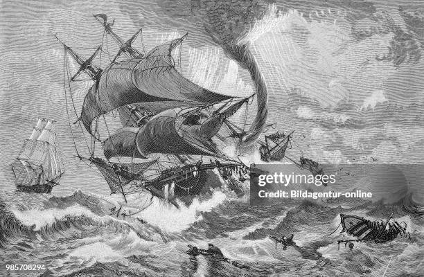 Ship captured in the South Atlantic Ocean by a waterspout, Tornado, Reproduction of an original woodcut from the year 1882, digital improved.