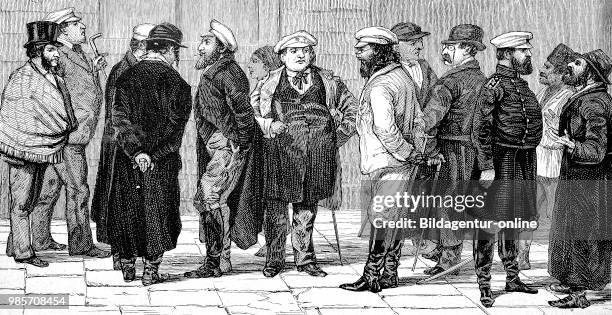 Speculators in front of stock market in Bucharest, Romania, reproduction of an image, woodcut from the year 1881, digital improved.
