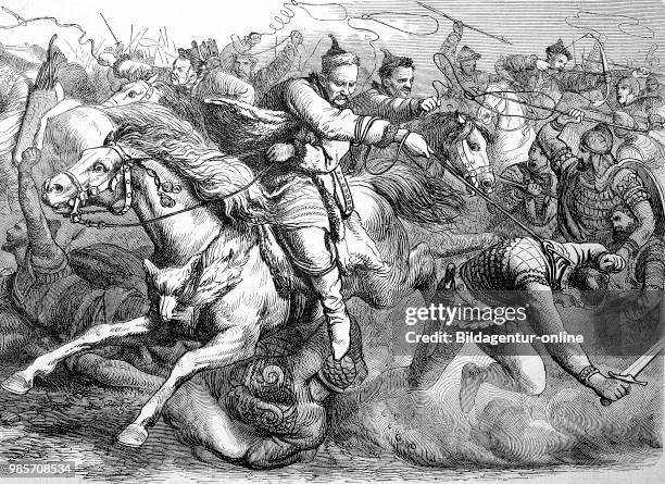 The Huns in battle with the Alans or Alani, were an Iranian nomadic pastoral people of antiquity, Hunnic invasion in 370, reproduction of an image,...