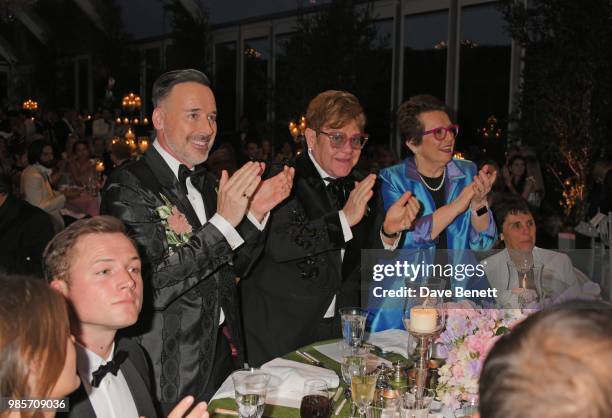 Emily Thomas, Taron Egerton, David Furnish, Sir Elton John, Billie Jean King and Ilana Kloss attend the Argento Ball for the Elton John AIDS...