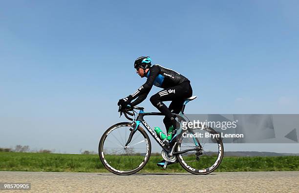 Bradley Wiggins of Great Britain and Team SKY attended the training ride ahead of tomorrow's 74th Fleche-Wallonne race between Charleroi and Huy on...