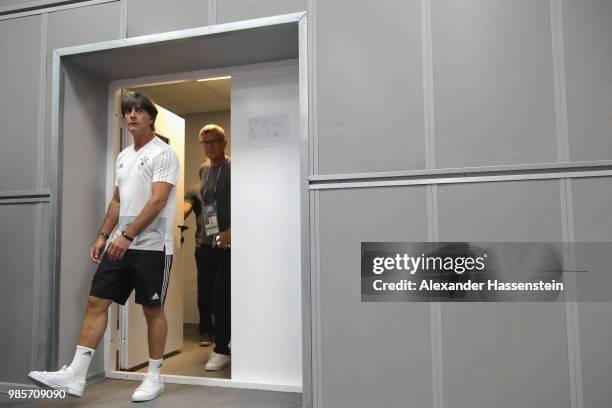 Joachim Loew, head coach of Germany arrives for a Germany Press Conference at Fisht Stadium on June 22, 2018 in Sochi, Russia.
