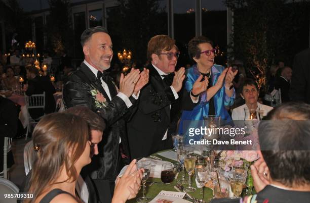 Emily Thomas, Taron Egerton, David Furnish, Sir Elton John, Billie Jean King and Ilana Kloss attend the Argento Ball for the Elton John AIDS...