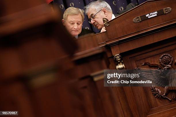 House Financial Services Committee Chairman Barney Frank talks with committee ranking Republican Rep. Spencer Bachus during a hearing about the...