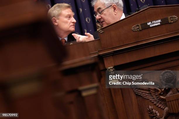 House Financial Services Committee Chairman Barney Frank talks with committee ranking Republican Rep. Spencer Bachus during a hearing about the...