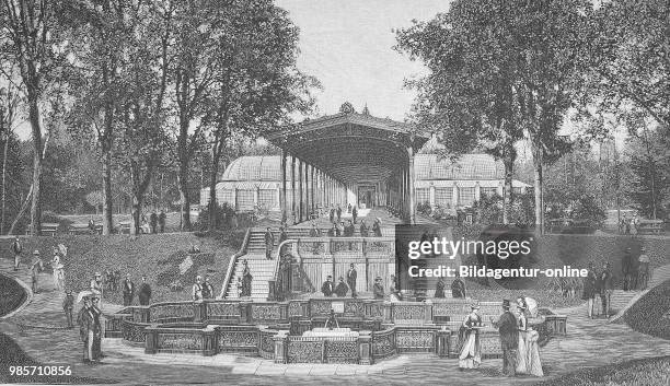 The Elisabeth Fountain with the drinking hall in Bad Homburg, Germany, digital improved reproduction of a woodcut publication from the year 1888.