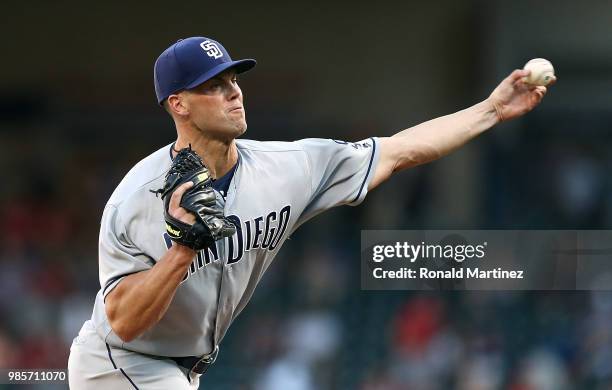 Clayton Richard of the San Diego Padres throws against the Texas Rangers in the first inning at Globe Life Park in Arlington on June 27, 2018 in...