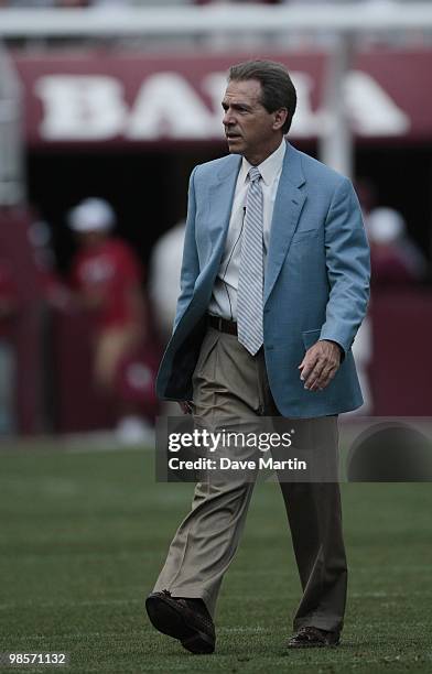 Coach Nick Saban of the Alabama Crimson Tide watches during the Alabama spring game at Bryant Denny Stadium on April 17, 2010 in Tuscaloosa, Alabama.