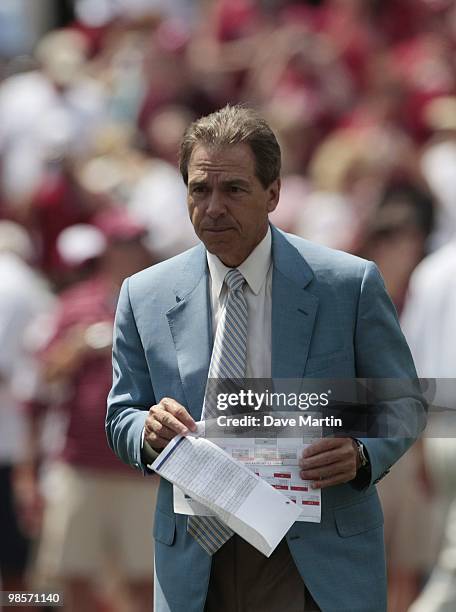 Coach Nick Saban of the Alabama Crimson Tide watches during the Alabama spring game at Bryant Denny Stadium on April 17, 2010 in Tuscaloosa, Alabama.