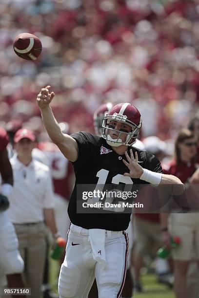 Quarterback Greg McElroy of the University of Alabama throws during the Alabama spring game at Bryant Denny Stadium on April 17, 2010 in Tuscaloosa,...