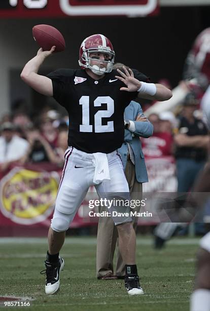 Quarterback Greg McElroy of the University of Alabama looks for a receiver during the Alabama spring game at Bryant Denny Stadium on April 17, 2010...