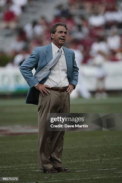 Coach Nick Saban of the Alabama Crimson Tide reacts during the Alabama spring game at Bryant Denny Stadium on April 17, 2010 in Tuscaloosa, Alabama.