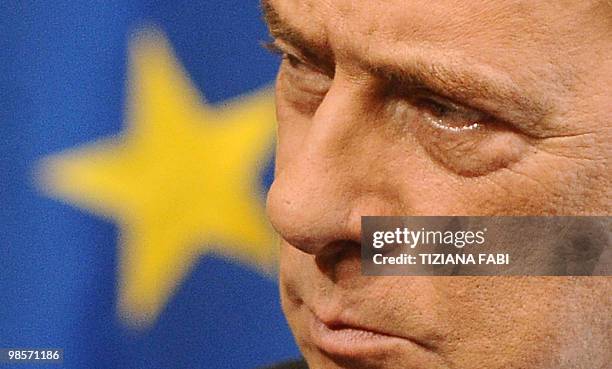 Italian Prime Minister Silvio Berlusconi looks on during a meeting with his Lebanese counterpart Saad Hariri on April 20, 2010 at Palazzo Chigi in...