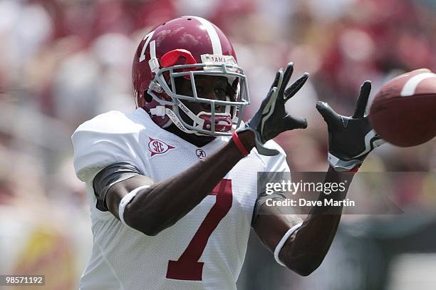 Wide receiver Kenny Bell of the University of Alabama catches the ball prior to the start of the Alabama spring game at Bryant Denny Stadium on April...