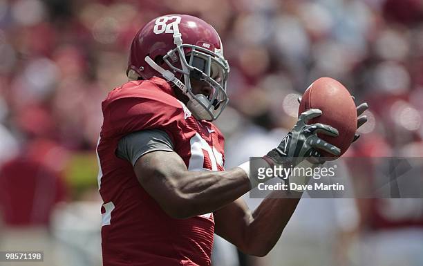Wide receiver Earl Alexander of the University of Alabama catches the ball prior to the start of the Alabama spring game at Bryant Denny Stadium on...