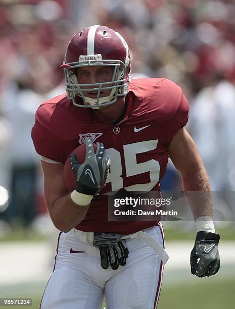 Tight end Preston Dial of the Alabama Crimson Tide catches a pass during the Alabama spring game at Bryant Denny Stadium on April 17, 2010 in...