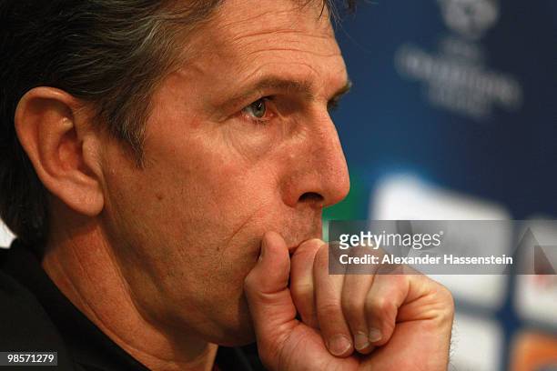 Claude Puel, head coach of Olympic Lyon looks during a press conference on April 20, 2010 in Munich, Germany. Olympic Lyon will play against Bayern...