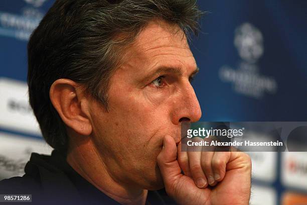 Claude Puel, head coach of Olympic lyon looks during a press conference on April 20, 2010 in Munich, Germany. Olympic Lyon will play against Bayern...