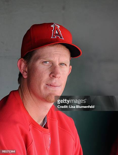 Pitcher Jered Weaver of the Los Angeles Angels of Anaheim looks on during the game against the Seattle Mariners on March 21, 2010 at Tempe Diablo...