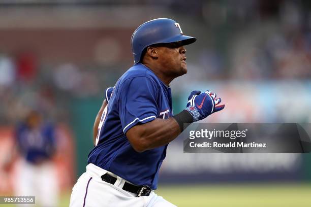 Adrian Beltre of the Texas Rangers scores a run in the third inning against the San Diego Padres at Globe Life Park in Arlington on June 27, 2018 in...