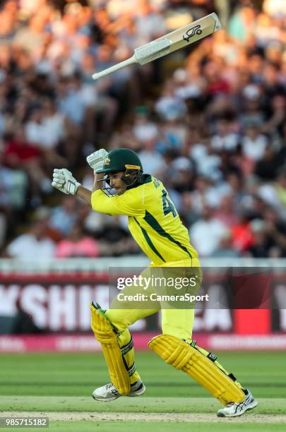 Australia's Ashton Agar loses grip on his bat during the Vitality IT20 Series match between England and Australia at Edgbaston on June 27, 2018 in...