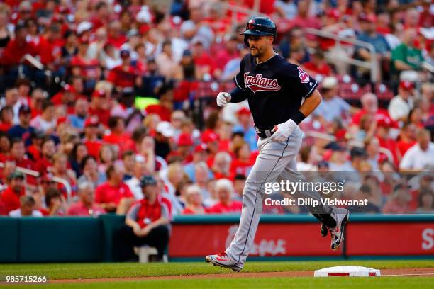 Lonnie Chisenhall of the Cleveland Indians rounds third base after hitting a home run against the St. Louis Cardinals in the second inning at Busch...