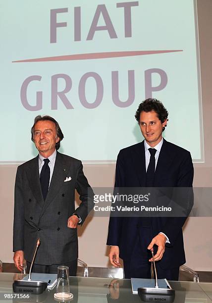 Luca Cordero di Montezemolo and John Jaki Elkann attend FIAT Group press conference at Centro Congressi del Lingotto on April 20, 2010 in Tuni,...