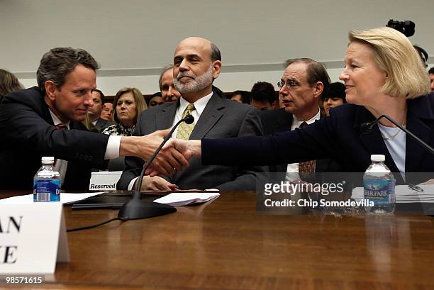 Treasury Secretary Timothy Geithner, Federal Reserve Bank Chairman Ben Bernanke and Securities and Exchange Commission Chairman Mary Schapiro greet...