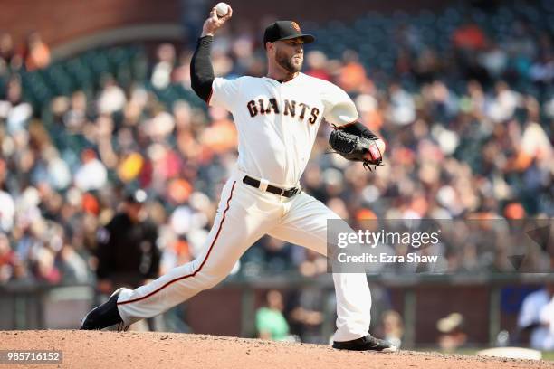 Hunter Strickland of the San Francisco Giants pitches against the Arizona Diamondbacks at AT&T Park on June 6, 2018 in San Francisco, California.