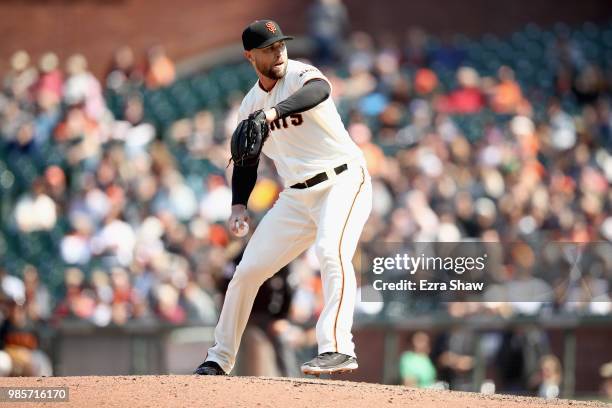 Hunter Strickland of the San Francisco Giants pitches against the Arizona Diamondbacks at AT&T Park on June 6, 2018 in San Francisco, California.