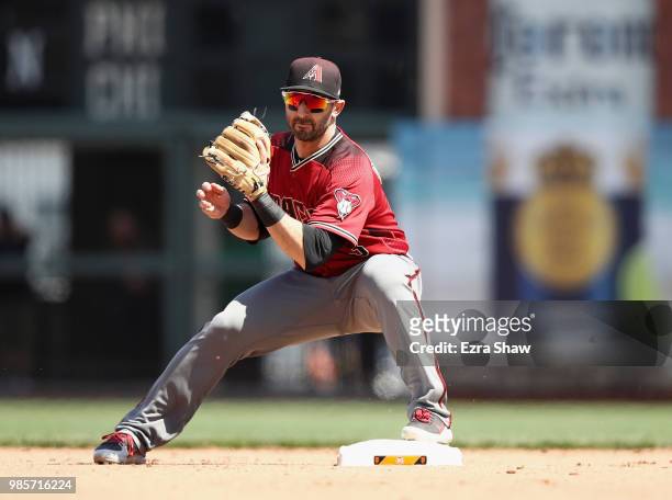 Daniel Descalso of the Arizona Diamondbacks plays second base against the San Francisco Giants at AT&T Park on June 6, 2018 in San Francisco,...