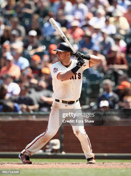 Joe Panik of the San Francisco Giants bats against the Arizona Diamondbacks at AT&T Park on June 6, 2018 in San Francisco, California.