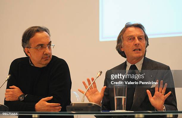 Luca Cordero di Montezemolo and Sergio Marchionne attend FIAT Group press conference at Centro Congressi del Lingotto on April 20, 2010 in Tuni,...