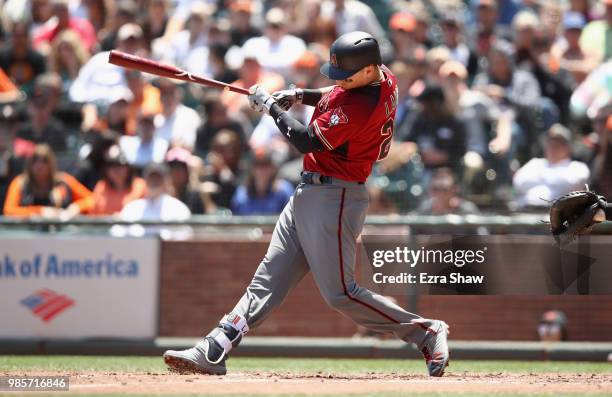 Jake Lamb of the Arizona Diamondbacks bats against the San Francisco Giants at AT&T Park on June 6, 2018 in San Francisco, California.