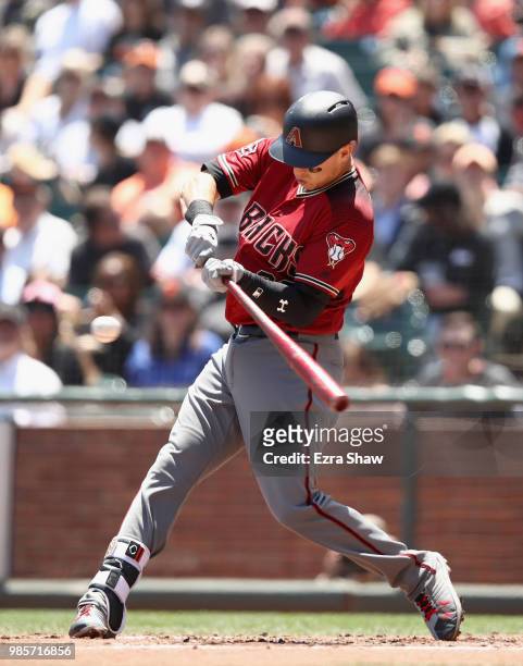Jake Lamb of the Arizona Diamondbacks bats against the San Francisco Giants at AT&T Park on June 6, 2018 in San Francisco, California.