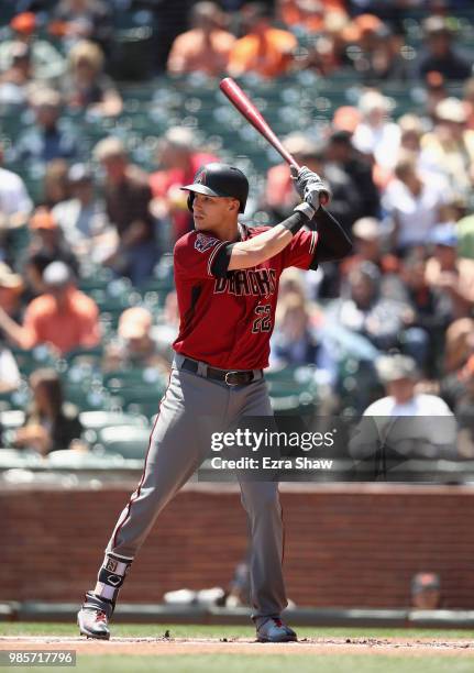 Jake Lamb of the Arizona Diamondbacks bats against the San Francisco Giants at AT&T Park on June 6, 2018 in San Francisco, California.