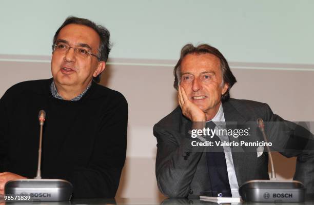 Luca Cordero di Montezemolo and Sergio Marchionne attend FIAT Group press conference at Centro Congressi del Lingotto on April 20, 2010 in Tuni,...