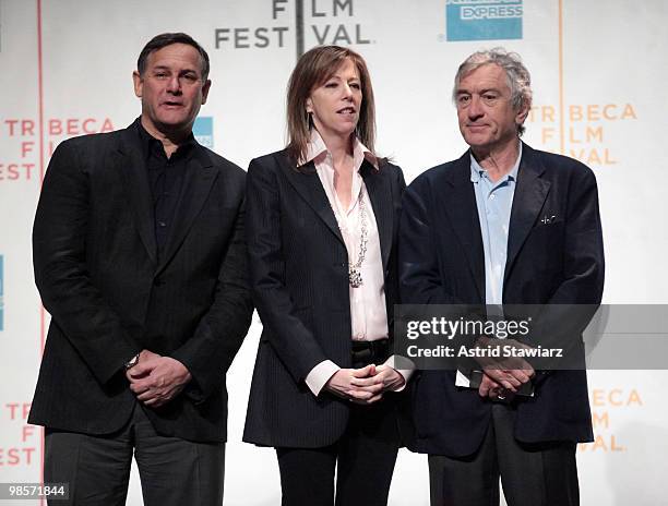 Tribeca Film Festival co-founders Craig Hatkoff, Jane Rosenthal and Robert De Niro attend the opening press conference for the 2010 Tribeca Film...