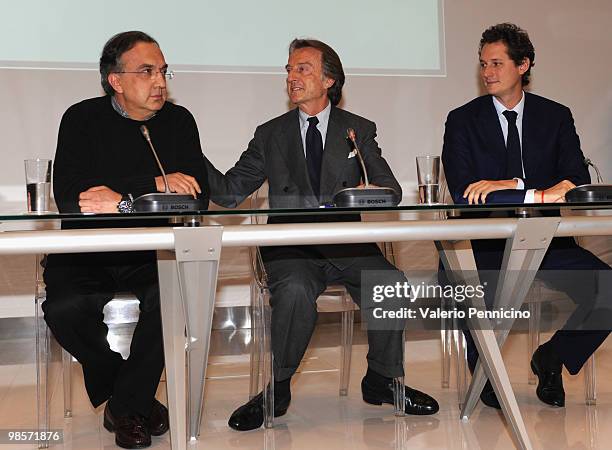 Sergio Marchionne, Luca Cordero di Montezemolo and John Jaki Elkann attend FIAT Group press conference at Centro Congressi del Lingotto on April 20,...