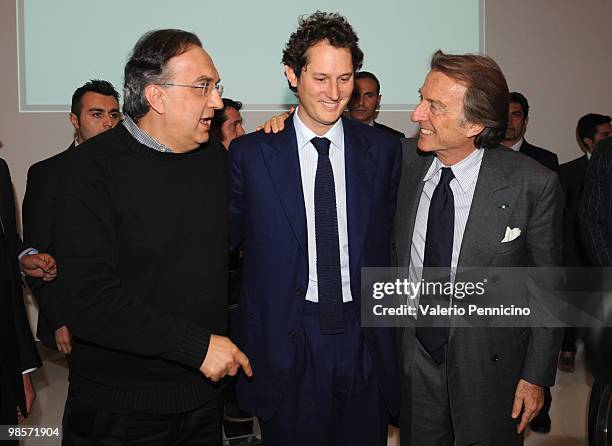 Sergio Marchionne, John Jaki Elkann and Luca Cordero di Montezemolo after FIAT Group press conference at Centro Congressi del Lingotto on April 20,...