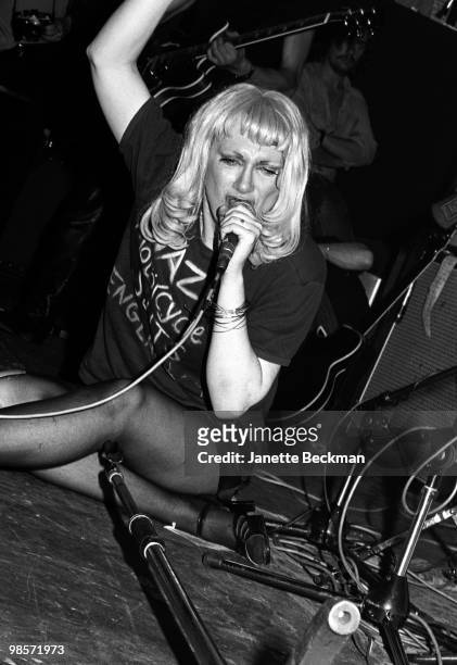 Pioneering American transgender punk rock singer Wayne County performs on stage with her band the Electric Chairs, London, England, late 1970s. Her...