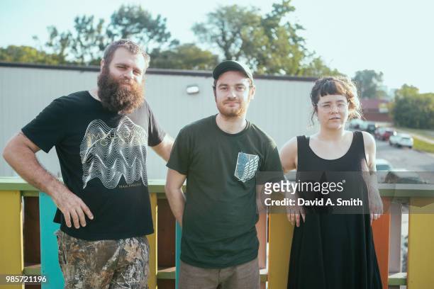 Evan Bernard, Nick Holdorf, and Kaytee Della Monica of No Thank You pose before their performance at Saturn Birmingham on June 27, 2018 in...
